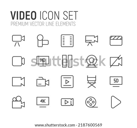 Simple line set of video icons. Premium quality objects. Vector signs isolated on a white background. Pack of video pictograms.