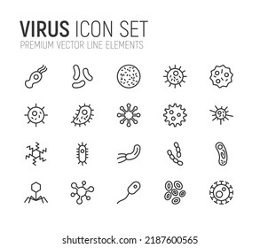 Einfache Line-Set von Virus-Symbolen. Qualitativ hochwertige Objekte. Vektorzeichen einzeln auf weißem Hintergrund. Piktogramme mit Viren.