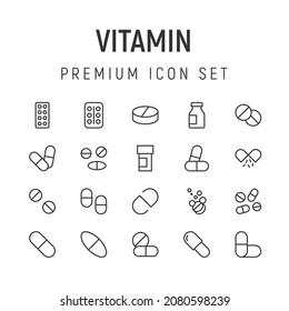 Simple line set of vitamin icons. Premium quality objects. Vector signs isolated on a white background. Pack of vitamin pictograms.