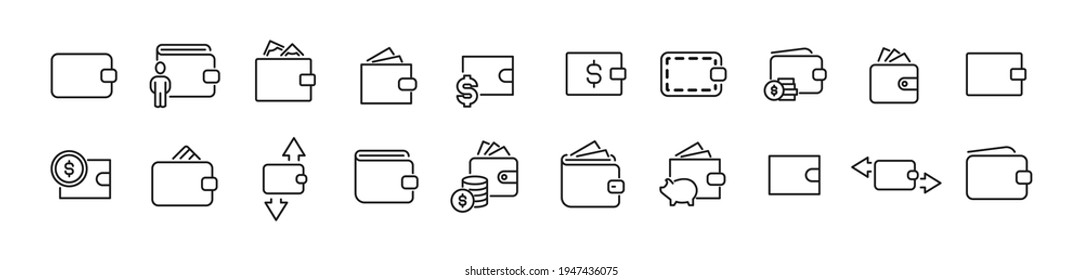 Simple line set of wallet icons. Premium quality objects. Vector signs isolated on a white background. Pack of wallet pictograms.