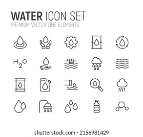Simple line set of water icons. Premium quality objects. Vector signs isolated on a white background. Pack of water pictograms.