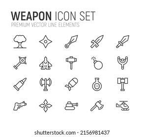 Conjunto simple de líneas de iconos de armas. Objetos de primera calidad. Señales vectoriales aisladas en un fondo blanco. Paquete de pictogramas de armas.