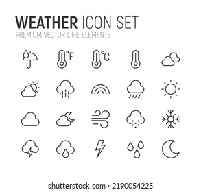 Simple line set of weather icons. Premium quality objects. Vector signs isolated on a white background. Pack of weather pictograms.