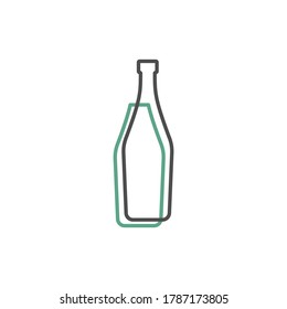 Simple line shape of martini bottle. One contour figure of a bottle, the second drink. Outline symbol wine dark color. Sign liquid green. Isolated flat illustration on a white background.
