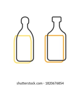 Simple line shape of tequila and rum bottle. One contour figure of a bottle, the second drink. Outline symbol beverage black color. Sign liquid colored. Isolated flat illustration. Vector.
