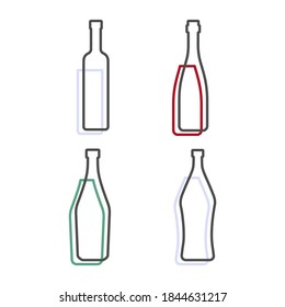 Simple line shape of vodka red wine martini and vermouth bottle. One contour figure of bottle, the second drink. Outline symbol beverage black color. Sign liquid colored. Isolated flat illustration.
