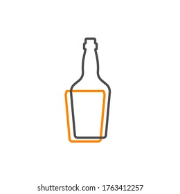 Simple line shape of whiskey bottle. One contour figure of a bottle, the second drink. Outline symbol whisky dark color. Sign liquid yellow. Isolated flat illustration on a white background. Vector.
