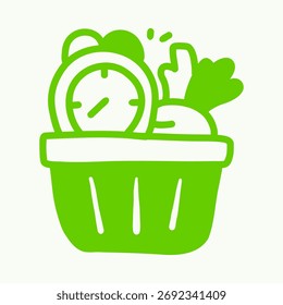 Cesta de compras de línea simple con reloj e ilustración del concepto de comida