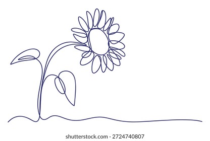 Simple Line of a Single Sunflower with Leaves and Stem line single flower outline