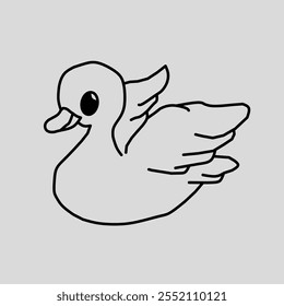 Un boceto de línea simple de un pato lindo. El pato tiene ojos hermosos y una expresión amistosa.