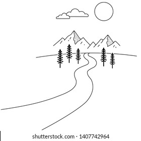simple line sketch of a sunny mountain view with trees and a long pathway.