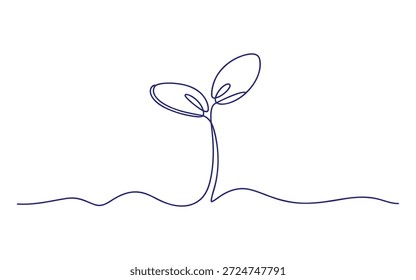 Una línea simple de una Pequeña planta verde que brota del crecimiento de la naturaleza de la línea de tierra
