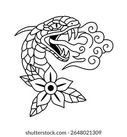 simple line snake head tattoo illustration with traditional flowers and smoke