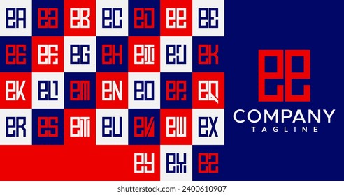 Simple line square lowercase letter E EE logo design set