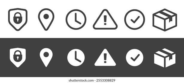 Vector Conjunto de iconos de trazo de línea simple pictograma gráfico, bloqueo de protección de escudo, signo lineal seguro, símbolo de puntero de pin de mapa, contorno de tiempo de reloj, etiqueta de advertencia de precaución, marca de verificación, paquete de entrega