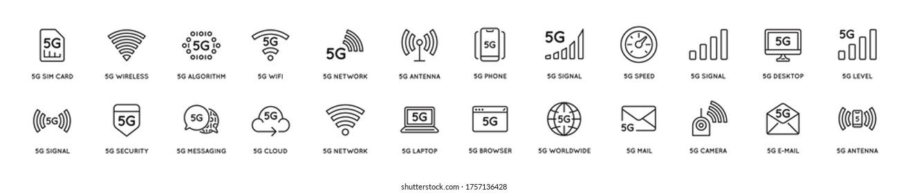 Simple Line Stroke Vector Icon Set,new 5th Generation Mobile Network 5G, High Speed Connection Wireless Systems.