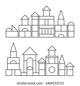 Simple line style blocks toy towers for coloring book. Bricks childrens building construction, castle, house. Vector volume style illustration isolated on white background