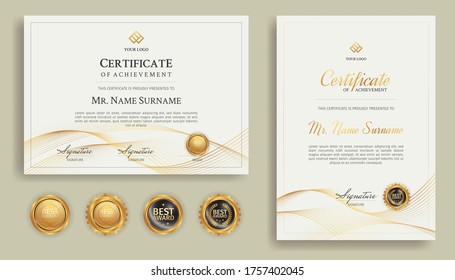 Simple line style certificate and diploma template with gold badges