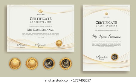 Simple line style certificate and diploma template with gold badges