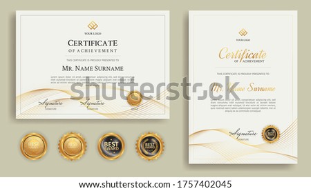 Simple line style certificate and diploma template with gold badges