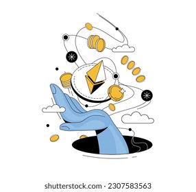 Simple line style illustration isolated on white background. Cryptocurrency, blockchain mining. Vector illustration.