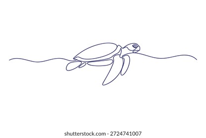 Linha simples de uma tartaruga de natação no mar azul linha azul contorno