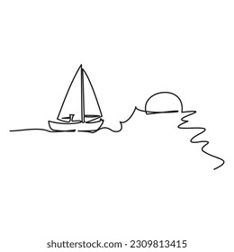 Playa de vacaciones en línea simple. Dibujo de una línea de tradicional velero flotando en el medio del océano contra el sol semicircular o el fondo de la luna. Ilustración vectorial de la velera y la luna de sol.