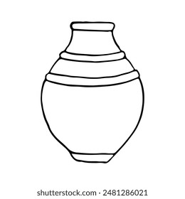 Simple line vase black and white vector illustration. Ancient empty jug for wine or tree plant in Greek style. Ink drawing for coloring pages