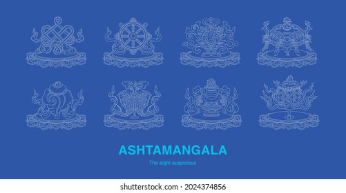 Simple line vector artwork of Ashtamangala, 8 Auspicious Symbols of Buddhism.