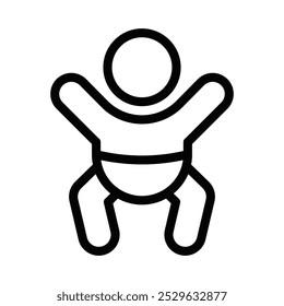 Vetor de linha simples de um ícone de bebê com braços levantados, representando felicidade, infância e alegria. Adequado para projetos relacionados a pais, bebês, família e serviços de cuidados infantis. Traçado editável.