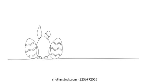 Simple line vector banner with bunny, easter eggs shapes.