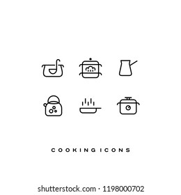 Simple line vector cooking icons set. Soup, steamer, cezve coffee, tea kettle, frying pan, pressure cooker.