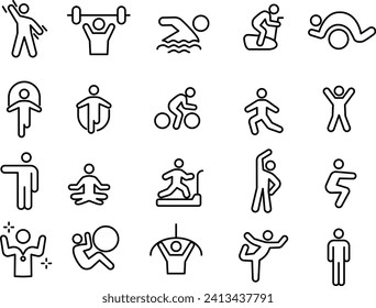 Diseño de una línea simple vectorial icono colección de ilustraciones de personas que disfrutan del ejercicio en el gimnasio
