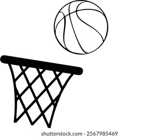 Simple line vector drawing of basketball and hoop, ready to color.