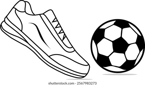 Simple line vector drawing of soccer shoes and ball, ready to color.