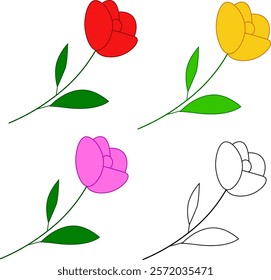 simple line vector flower icon set on white transparent background, red, yellow, pink colors