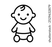 Simple line vector icon of a cute baby sitting, symbolizing childhood, innocence, family, or childcare services. Editable stroke.