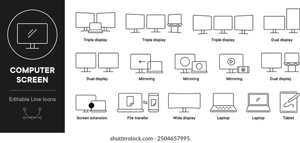 A simple line vector icon illustration of dual display, dual monitor, triple display, triple monitor, and wide monitor.