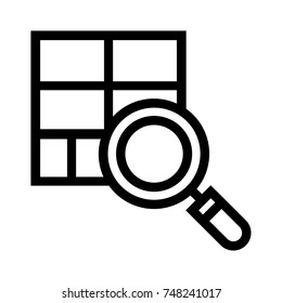 Simple Line Vector Icon Of A Magnifying Glass Over A Blueprint Layout Plan. Zoom In On Master Plan Symbol Isolated On White Background.

