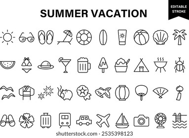 Simple line vector icon set related to summer vacation.