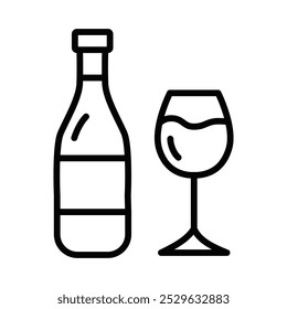 Simple line vector icon of a wine bottle and glass, representing wine tasting, dining, or alcoholic beverage consumption. Editable stroke