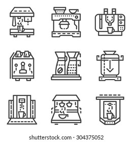 Simple line vector icons for cafe and restaurant equipment. Professional coffee maker machines, automatic, with coffee mill and others elements for fragrant and tasty beverages. Element for the logo