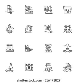 Simple line vector icons set for marine vessel and ports. Ships, sea port, ship unloading, lighthouse and other objects for business and web design.