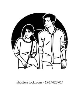 Simple Line Vector Illustration of a couple walking together