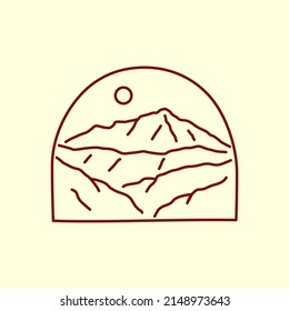 Simple line vector illustration of mountains and sun