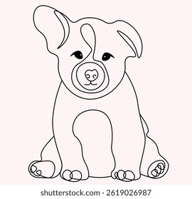A simple line vector illustration of a puppy sitting down with one ear down. The illustration has a light pink background. 