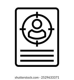 Simple line vector of a resume with a profile targeted by crosshairs, symbolizing precise recruitment, job hunting, and HR strategies. Editable stroke.