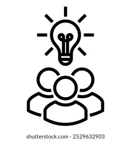 Simple line vector of three people under a lightbulb, symbolizing teamwork, brainstorming, collaboration, and idea generation. Editable stroke.