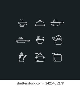 Simple line vector сooking utensils icons set. Pan, saucepan, cezve coffee, tea kettle, frying pan, bowl, tray.