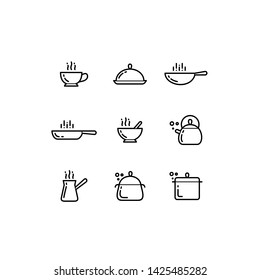 Simple line vector сooking utensils icons set. Pan, saucepan, cezve coffee, tea kettle, frying pan, bowl, tray.